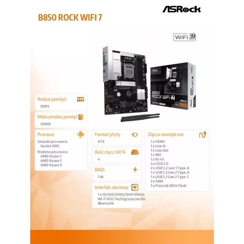 ASRock B850 Rock WiFi 7 pagrindinė plokštė, AMD Socket AM5, ATX, DDR5, Wi-Fi 7