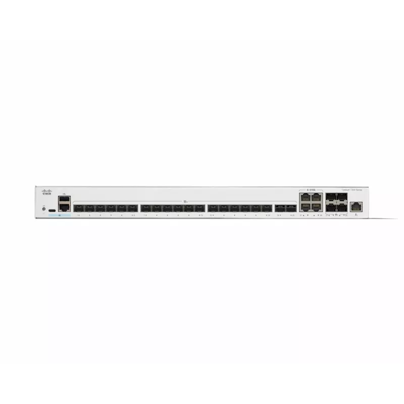 Tinklo jungiklis Cisco Catalyst C1300-24XS valdomas L2/L3, 480 Gbit/s perjungimo talpa, RJ-45/USB-C konsolė, 16 000 MAC lentelė, pilka, 4,15 kg