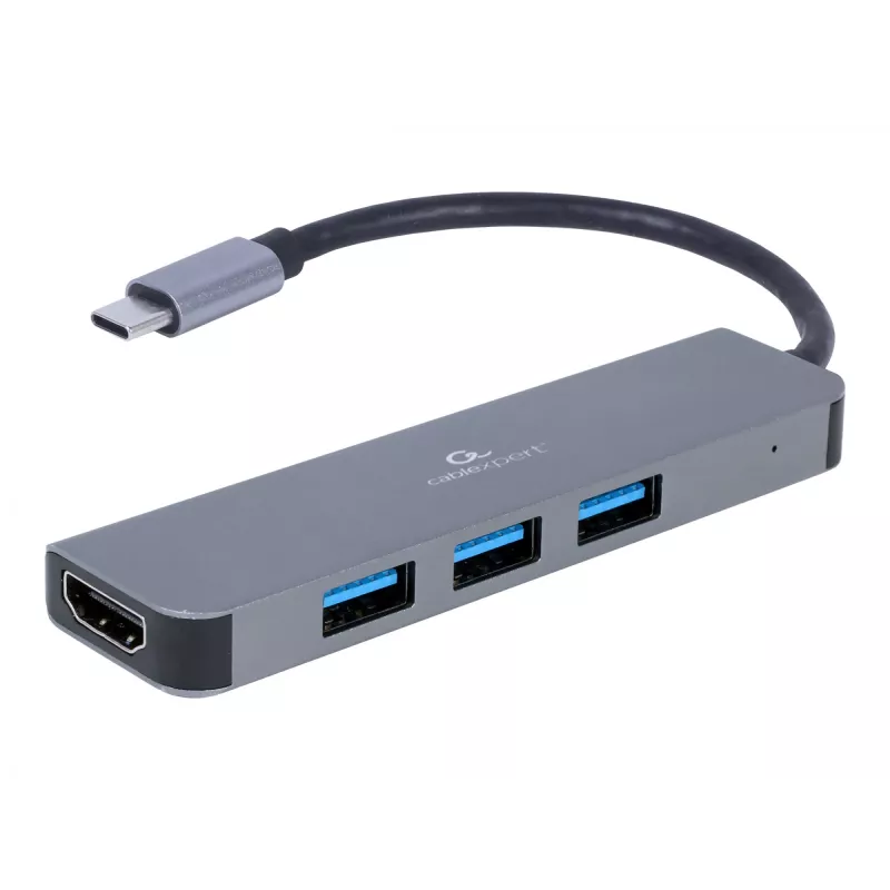 USB-C dokas nešiojamam kompiuteriui GEMBIRD A-CM-COMBO2-01 — USB 3.2 Gen 1 Type-C, 3× USB-A, 1× HDMI, pilka