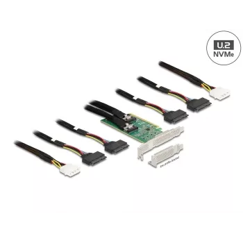 DeLOCK PCI Express 4.0 x16 kortelė su 4 x SFF-8639 (U.2) prievadais NVMe diskams – bifurkacija – Low Profile formos faktorius