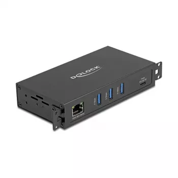 USB šakotuvas DELOCK 3 prievadai 5 Gbps su RJ45 Gigabit PoE++ ir USB Type-C pagrindine jungtimi, metalinis korpusas, 1,5 kV izoliacija, juodas