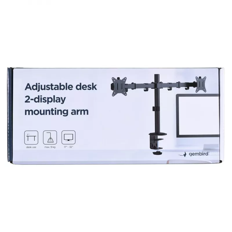 Monitor laikiklis Gembird MA-D2-01 dviem ekranams iki 32 colių, VESA 75x75–100x100, spaustuvas, 18 kg, juodas