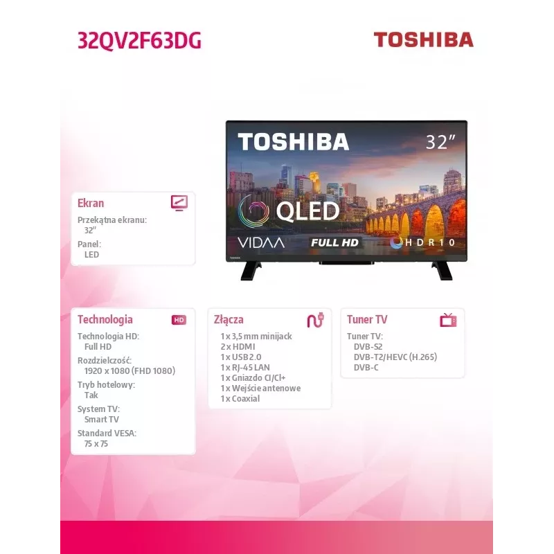 QLED televizorius Toshiba 32QV2F63DG 32 colių Full HD Smart TV