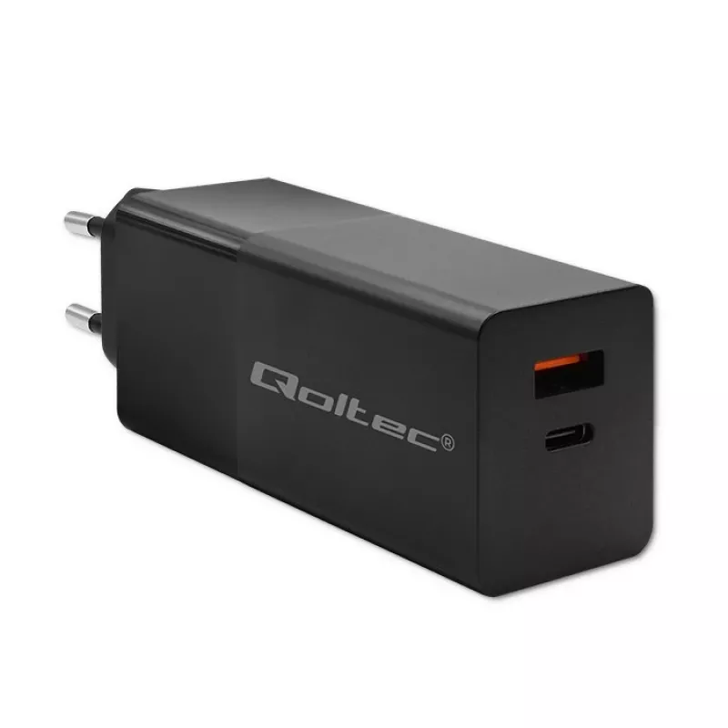 Qoltec 52382 GaN POWER PRO įkroviklis | 1x USB Type-C | 1x USB-A | 100W | 5-20V | 1.5-5A | PD | Juodas