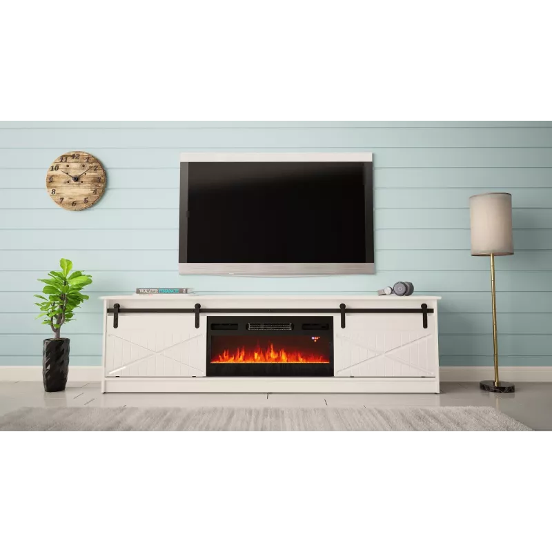 Spintelė televizoriui su elektriniu židiniu Cama Meble GRANERO modelis RTV GRANERO + KOM B/B, 200x56,7x35 cm, balta/blizganti balta, 2 durys, 2 lentynos, MDF/mdrožlė