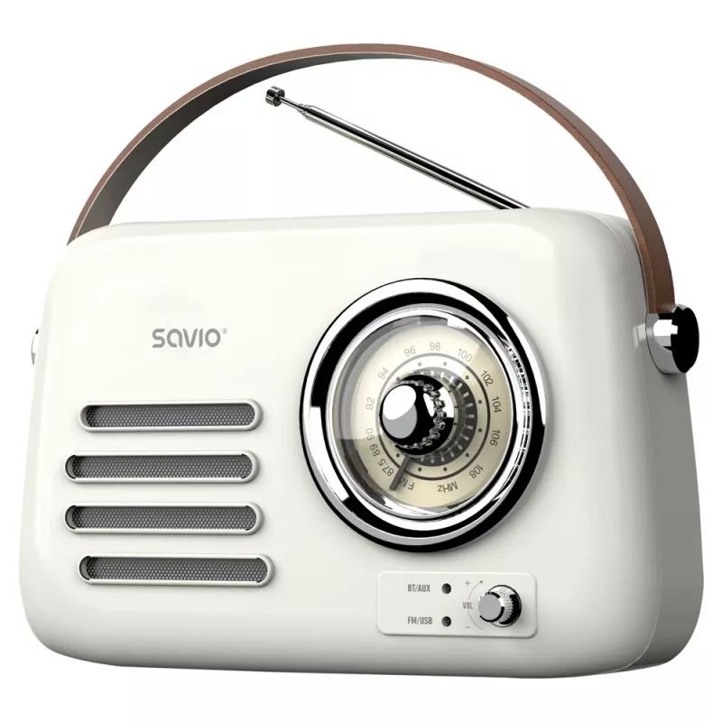 Nešiojamas radijas SAVIO RS-02 — analoginis FM imtuvas, Bluetooth 5.3, USB maitinimas, 3 W, baltas