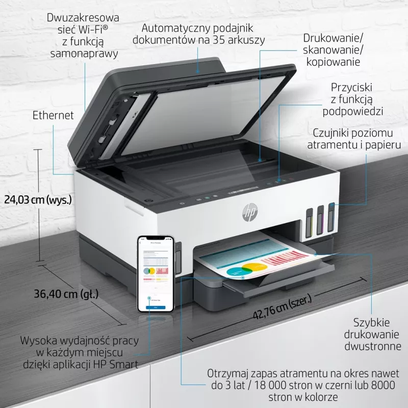 Daugiafunkcis spausdintuvas HP Smart Tank 750 nuolatinio rašalo sistema spalvotas Wi-Fi Smart App dvipusis ADF automatinis dokumentų tiekiklis