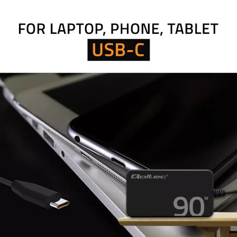 Qoltec 90W GaN Super Fast SLIM Wall Charger | XP | 5-20V | 4.5A | USB-C 3.1 | Nešiojamam kompiuteriui | MacBook | Išmaniajam telefonui | + laidas