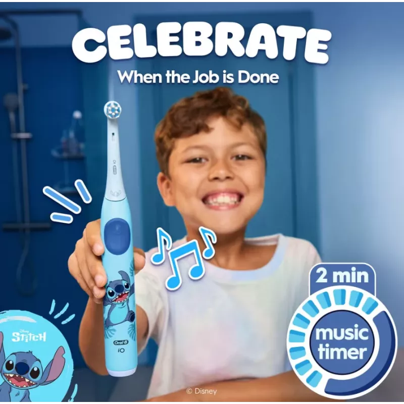 Oral-B iO Kids Disney Stitch elektrinis dantų šepetėlis su kelioniniu dėklu, įkraunamas, 6Y+, 1 šepetėlio antgalis, 3 režimai