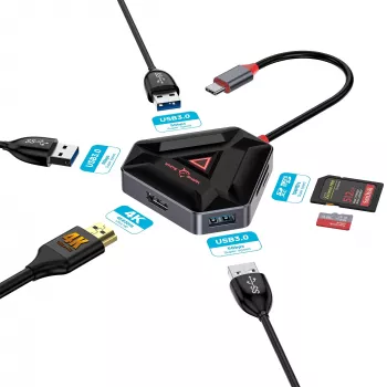 USB-C stotelė SBOX HEXAGON 6-in-1 su HDMI ir Ethernet, Type-C balta
