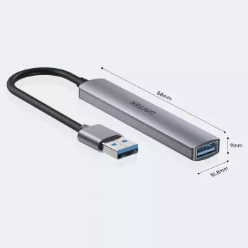 USB šakotuvas Unitek H1208A — 4 prievadai (1 × USB 3.2 Gen 1 Type-A, 3 × USB 2.0), aliumininis korpusas, pilka, 0,20 m laidas