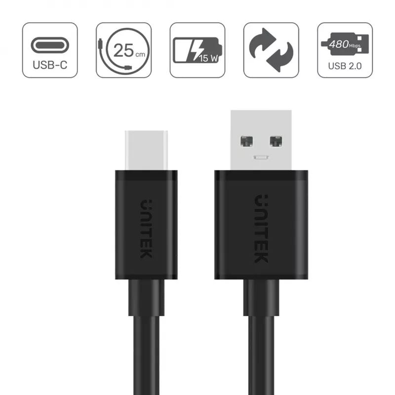 UNITEK USB kabelis USB-A – USB-C 25 cm, Y-C480BK