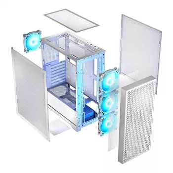 Kompiuterio korpusas LOGIC Dart Pro Midi ARGB baltas — Midi bokštas, ATX, 456×200×385 mm, max GPU 34 cm, CPU aušintuvo aukštis 155 mm, 3×120mm priekyje + 1×120mm gale, USB 3.0 x2, USB-C x1