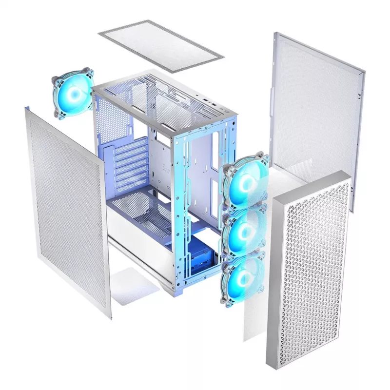 Kompiuterio korpusas LOGIC Dart Pro Midi ARGB baltas — Midi bokštas, ATX, 456×200×385 mm, max GPU 34 cm, CPU aušintuvo aukštis 155 mm, 3×120mm priekyje + 1×120mm gale, USB 3.0 x2, USB-C x1
