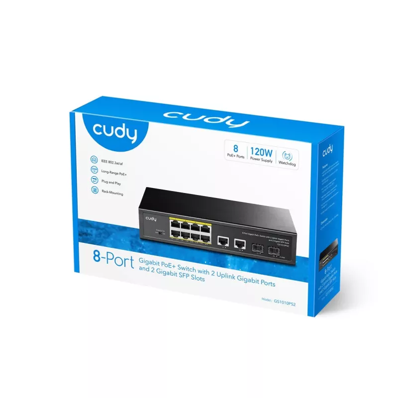 Cudy GS1010PS2 tinklo jungiklis Nevaldomas Gigabit Ethernet (10/100/1000) Power over Ethernet (PoE) Juoda