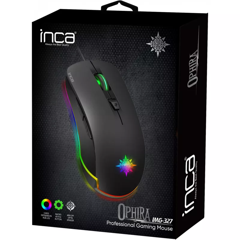 INCA Gaming Mouse IMG-327 4800 DPI. RGB. 6 mygtukai. USB. Juoda