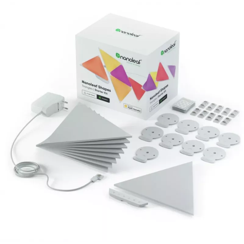 Nanoleaf NL47-0002TW-9PK trikampiai LED skydeliai – 9 vnt., RGB, montuojami ant sienos, AC maitinimas, balti
