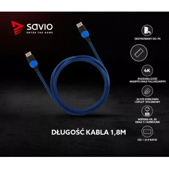 Savio GCL-02 HDMI kabelis 1,8 m HDMI A tipas (Standartinis) Juoda,Mėlyna