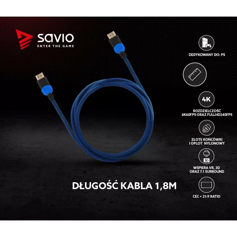 Savio GCL-02 HDMI kabelis 1,8 m HDMI A tipas (Standartinis) Juoda,Mėlyna