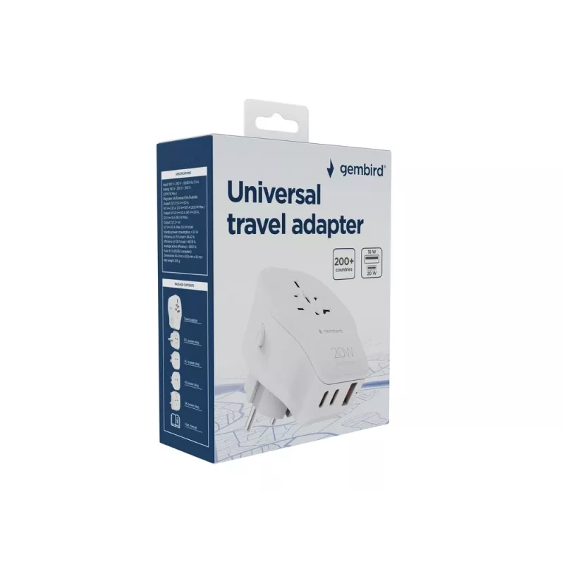 Sieninis kelioninis adapteris GEMBIRD TPA-1A2C20-02-W 20W — 1×USB-A + 2×USB-C, G tipo kištukas, 100–250V, baltas