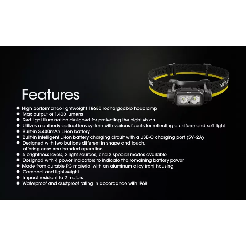 Nitecore NU43 1400 liumenų kompaktiška lengva priekinė lemputė