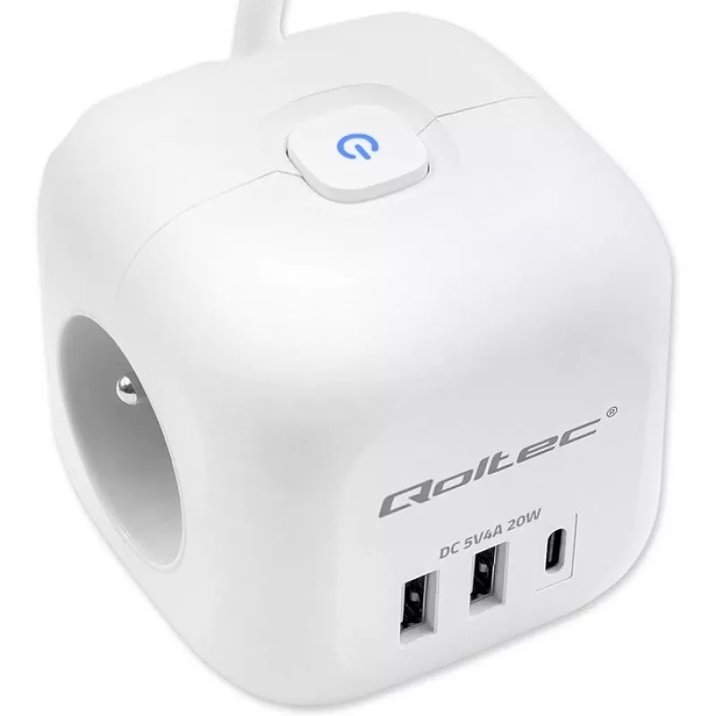 Power Cube QOLTEC 52547 maitinimo blokas 3×AC lizdai, 2×USB-A, 1×USB-C PD 20W