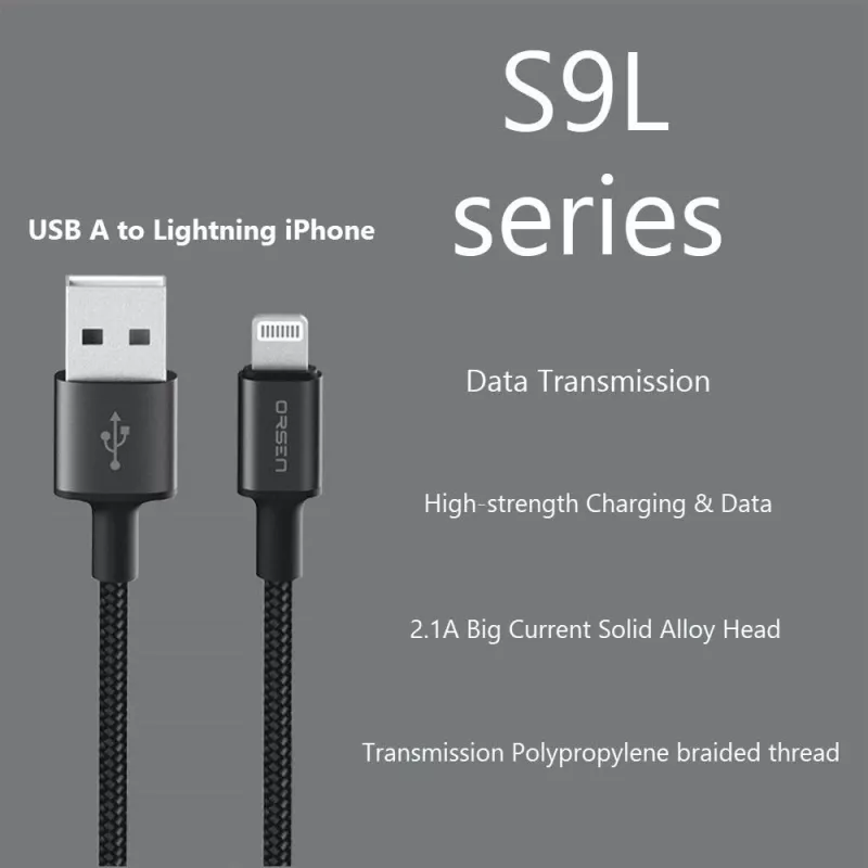 USB-A į Lightning laidas Orsen S9L 1 m 2.1A – juodas