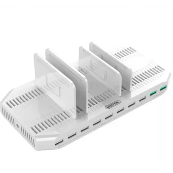 Įkrovimo stotelė Unitek Y-2190A — 10× USB prievadai (8×USB 2.0 + 2×USB 3.2 Gen1), belaidis įkrovimas, 96 W galia