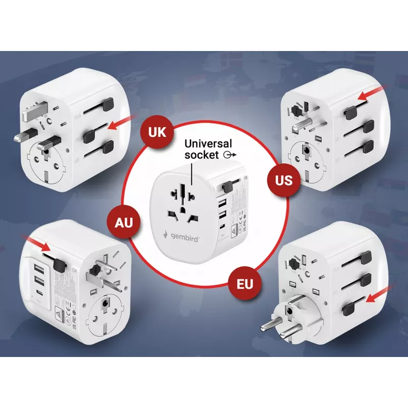 Kelioninis adapteris GEMBIRD TPA-EU2A1C15-01-W — 15W, 2× USB-A + 1× USB-C, E tipo kištukas