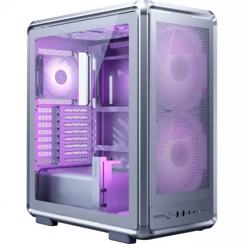 Korpusas PC Cooler Master MasterFrame 500 Mesh — Juodas su permatomu šonu, ATX maitinimo šaltinis, 2×200mm priekyje + 1×120mm gale, 2.5 colio/3.5 colio diskams
