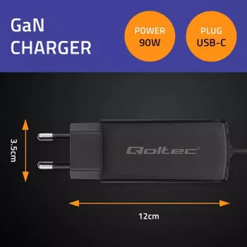 Įkroviklis GaN 90W QOLTEC 52420 USB-C PD 5–20V 3A/4.5A, 220–240V, 1,8 m laidas, juodas