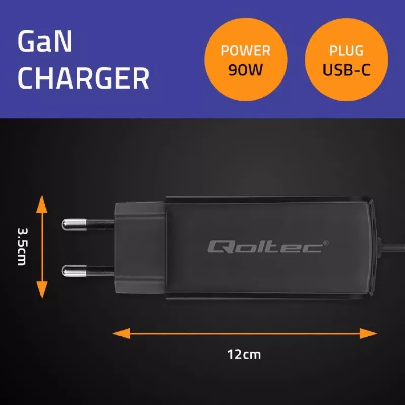 Įkroviklis GaN 90W QOLTEC 52420 USB-C PD 5–20V 3A/4.5A, 220–240V, 1,8 m laidas, juodas