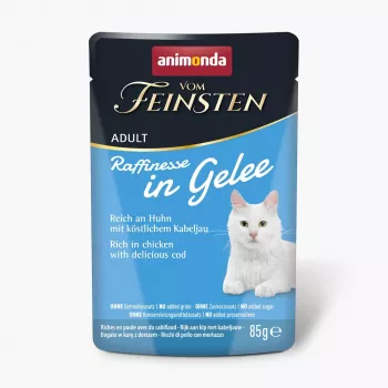 Šlapias kačių maistas animonda Vom Feinsten Adult Raffinesse želėje – Vištiena ir menkė, 85 g