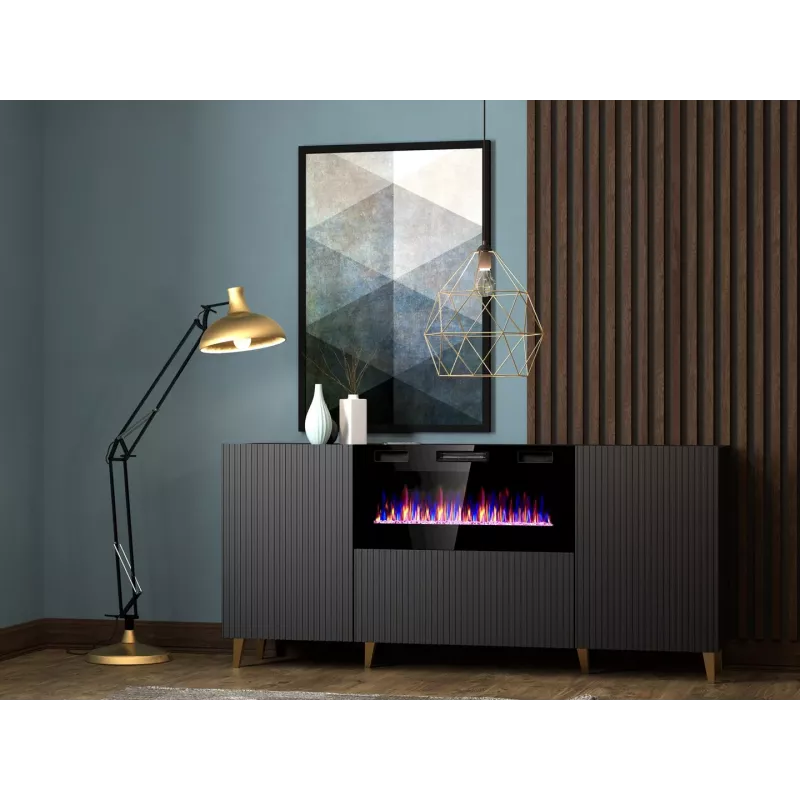 Komoda su elektriniu židiniu Cama Meble PAFOS 180x42x82 cm matinė juoda, 3 durelės, 2 lentynos, 1400–1600 W