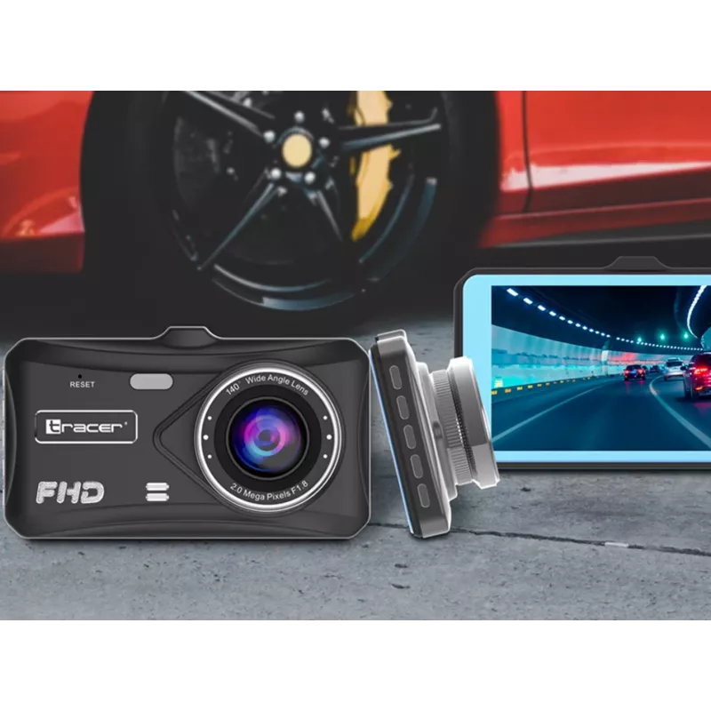Automobilinis vaizdo registratorius TRACER 4TS Full HD dviejų kamerų, 2 MP priekinė, 0.4 MP salono, 140°/60° kampai, 4 colių IPS ekranas, 150 mAh baterija, aliumininis korpusas, parkavimo pagalba