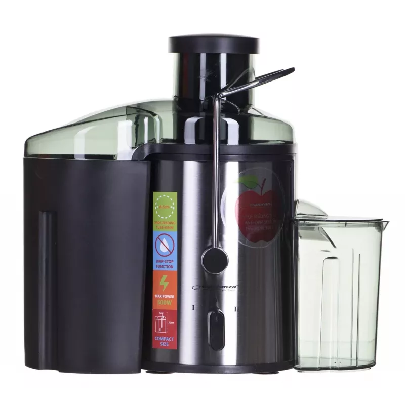 Sulčiaspaudė ESPERANZA EKJ002 — 500 W, 0,45 l talpa sultims, 1,5 l minkštimo talpykla, nerūdijantis plienas/juoda