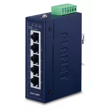 Tinklo jungiklis PLANET ISW-500T, nevaldomas 5 prievadų Fast Ethernet (10/100), 12–48V, mėlynas