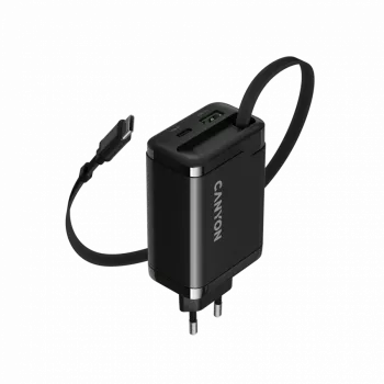 Įkroviklis CANYON OnCharge 65RC su integruotu USB-C laidu, 65W, 1x PD, 1x QC, EU kištukas, Juodas