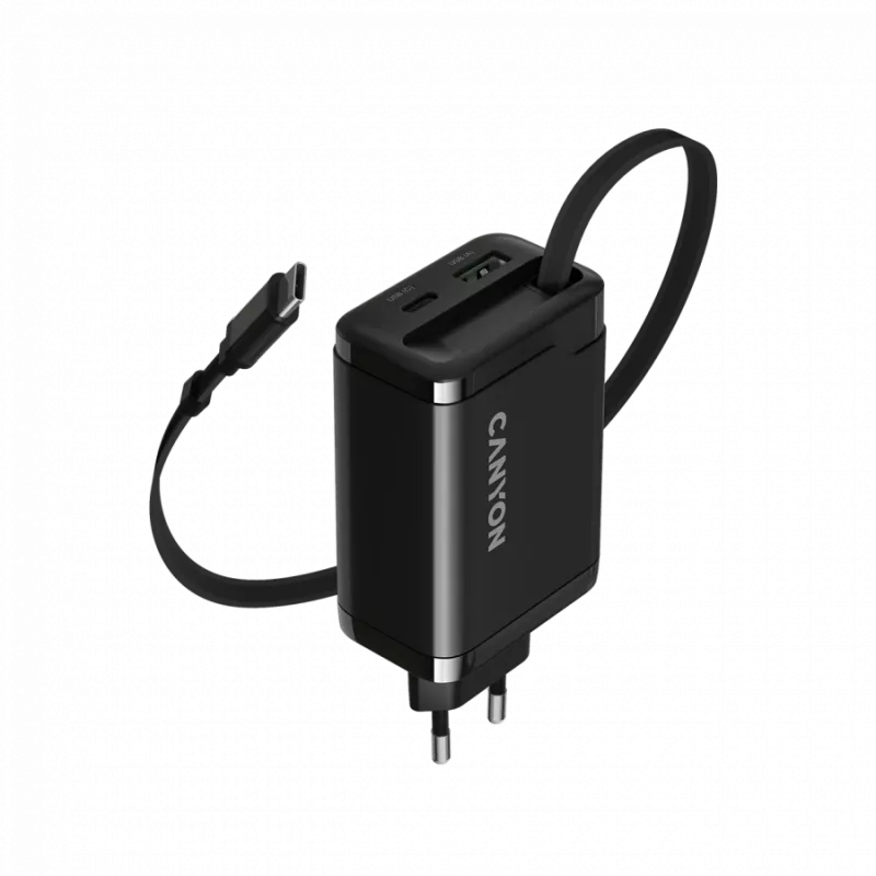 Įkroviklis CANYON OnCharge 65RC su integruotu USB-C laidu, 65W, 1x PD, 1x QC, EU kištukas, Juodas