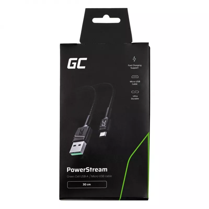 USB 2.0 kabelis Green Cell KABGC23, USB A – Micro-USB B, 0,3 m, juodas