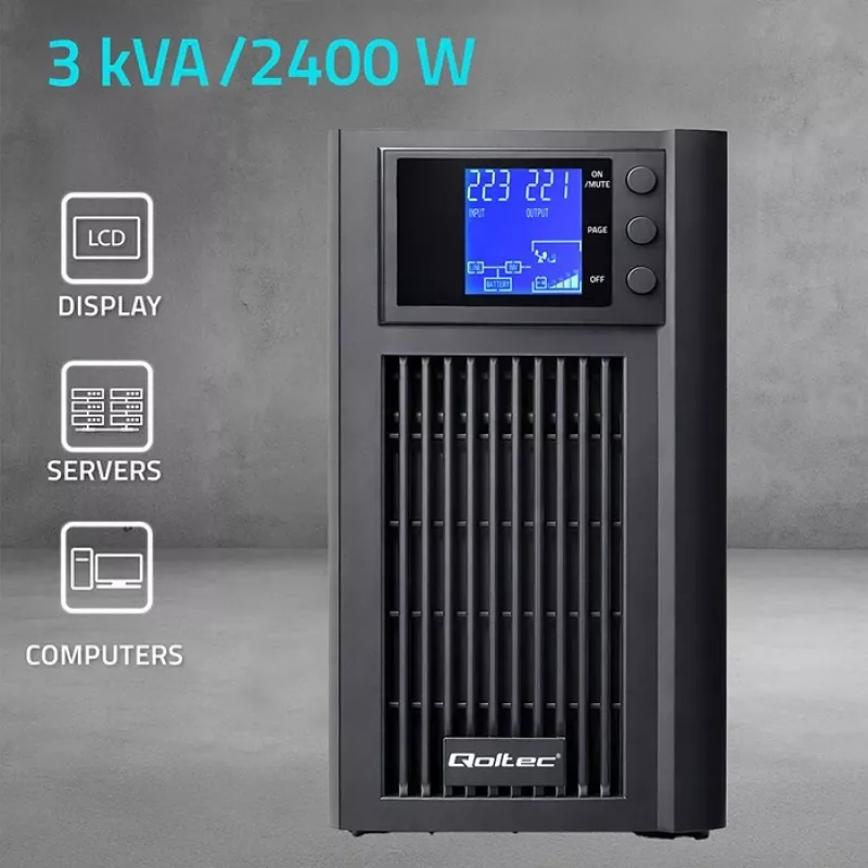 UPS QOLTEC Pure Sine Wave 3kVA 2400W su AVR ir LCD ekranu