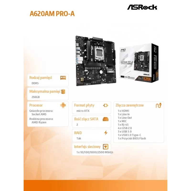 ASRock A620AM PRO-A Micro-ATX pagrindinė plokštė AM5
