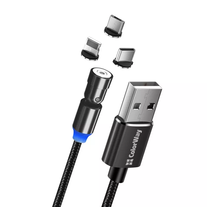 3 viename įkrovimo laidas ColorWay CW-CBUU037-BK — Lightning, Micro-USB, USB-C, 1 m, 2,4 A