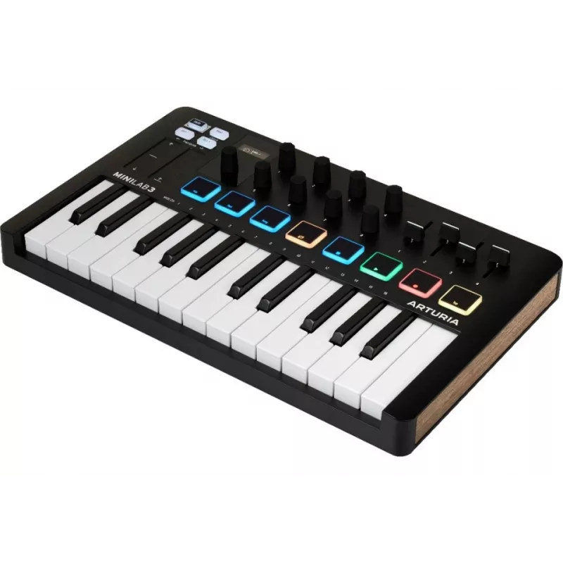 MIDI valdiklis ARTURIA MiniLab 3 – 25 klavišų kompaktiška USB MIDI klaviatūra su MIDI Out, daugiaspalviais apšviestais pultais