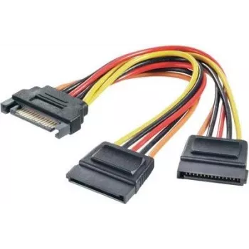Maitinimo Y adapteris Renkforce 1× SATA maitinimo kištukas 15 kontaktų į 2× SATA maitinimo lizdus 15 kontaktų, 0,15 m, juoda/raudona/geltona