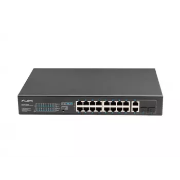 Nevaldytas jungiklis LANBERG RSFE-16P-2C-250 — 18 prievadų Gigabit, 16x PoE+ (30 W), 2x SFP, 250 W, 1U, metalinis, montuojamas į stelažą