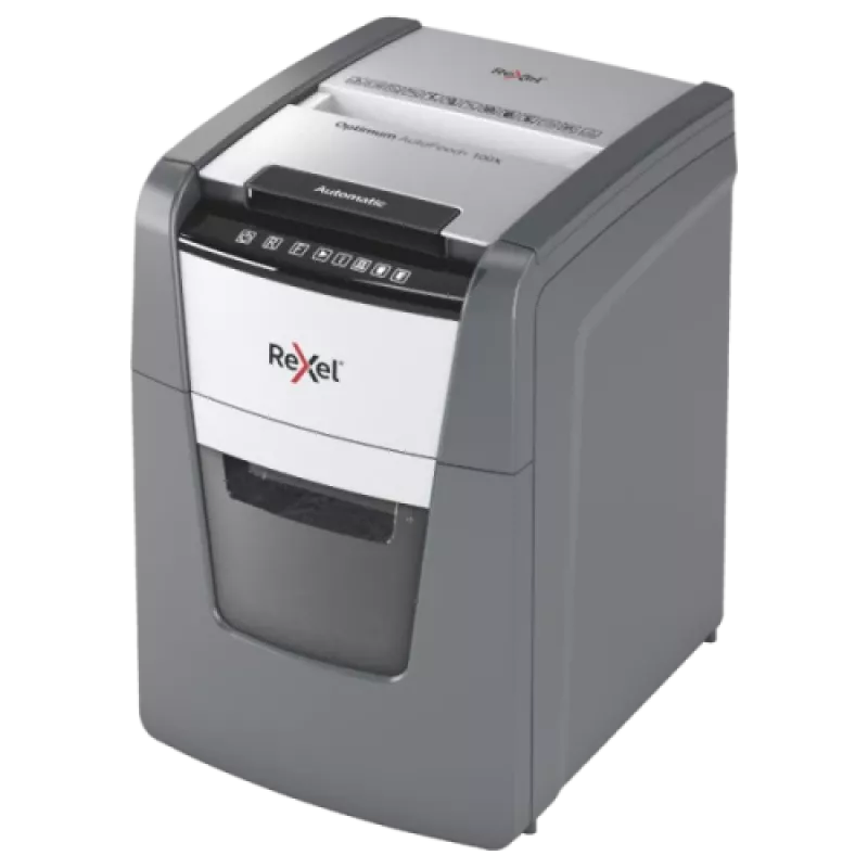 Popieriaus smulkintuvas REXEL Optimum AutoFeed+ 100X – 100 lapų automatinis padavimas, kryžminis pjovimas 4×28 mm, 34 L krepšelis, aliuminis