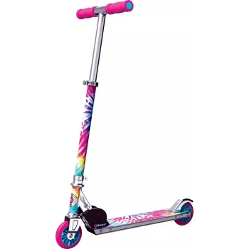 Vaikiškas paspirtukas Razor A Tie-Dye – aliumininis sulankstomas 2 ratų paspirtukas, reguliuojamas vairas, ABEC-5, maks. apkrova 65 kg