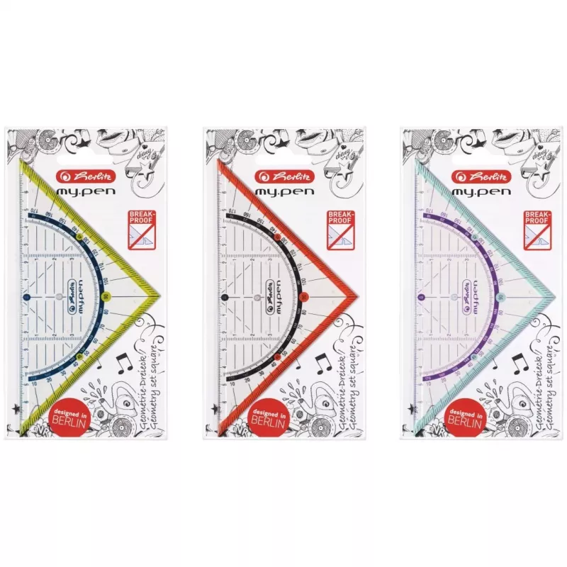 Trikampis Herlitz 11367950 plastikinis mėlynas raudonas permatomas geltonas 16 cm