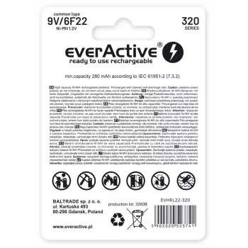 Įkraunama baterija everActive EVHRL22-320 9V NiMH prizminė 8,4V, 55 g, 48,5 mm